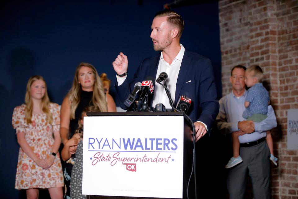 Ryan Walters speaks Aug. 23, 2022, during a watch party in Oklahoma City after winning the GOP primary runoff election for state superintendent.