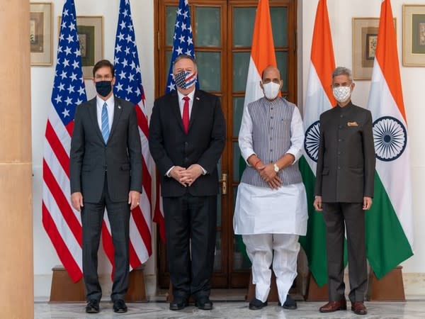 US Defence Secretary Mark T Esper, US State Secretary Mike Pompeo, Defence Minister Rajnath Singh and External Affairs Minister S Jaishankar during 2+2 diagloue last month.