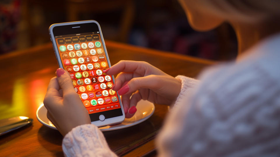 A woman playing an online bingo game on her mobile device.