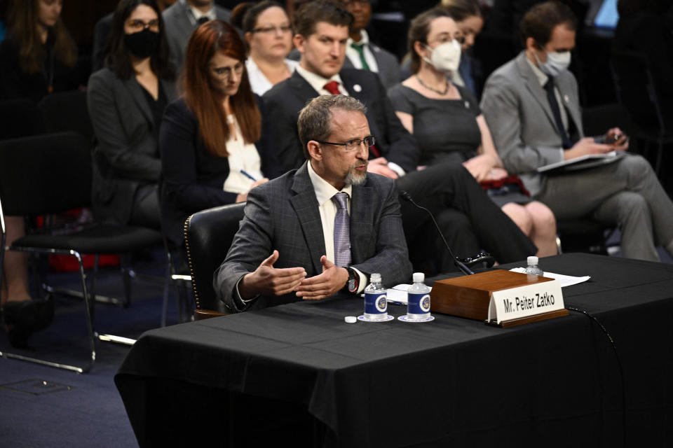 Independent Security Consultant and Twitter whistleblower Peiter "Mudge" Zatko testifies before the US Senate Judiciary Committee on Capitol Hill in Washington, D.C., on September 13, 2022.<span class="copyright">Brendan Smialowski—AFP/Getty Images</span>