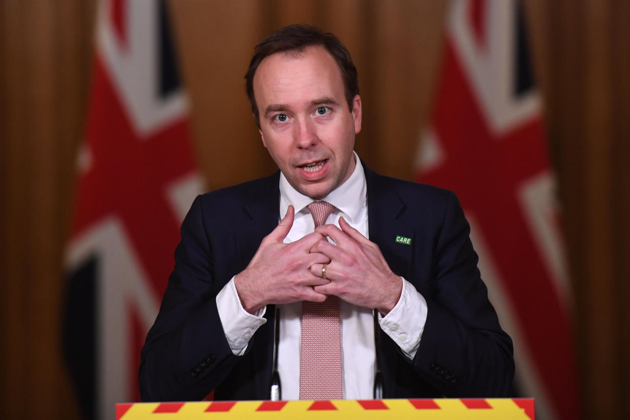 Health Secretary Matt Hancock during a media briefing in Downing Street, London, on coronavirus (Covid-19). Picture date: Monday February 1, 2021.