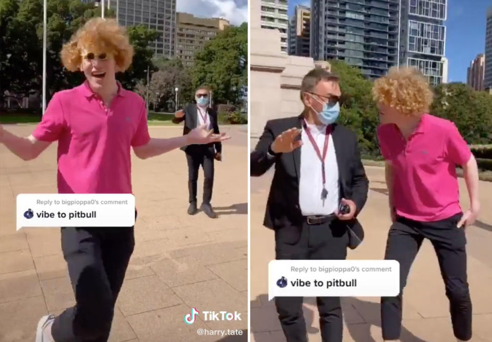 Tate appears to antagonise one security guard as he asks him to move on. Source: TikTok