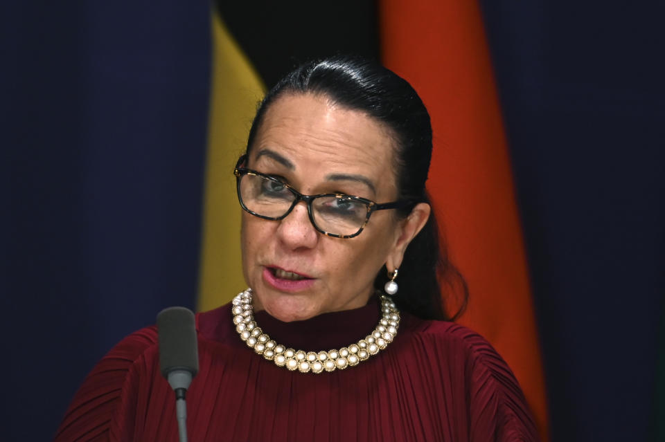 Indigenous Australians Minister Linda Burney speaks in Sydney, Wednesday, April 5, 2023. Burney stands by the wording of the government's model for constitutional recognition of Indigenous people in a development that appears to doom the prospects of a successful referendum this year. (Steven Saphore/AAP Image via AP)