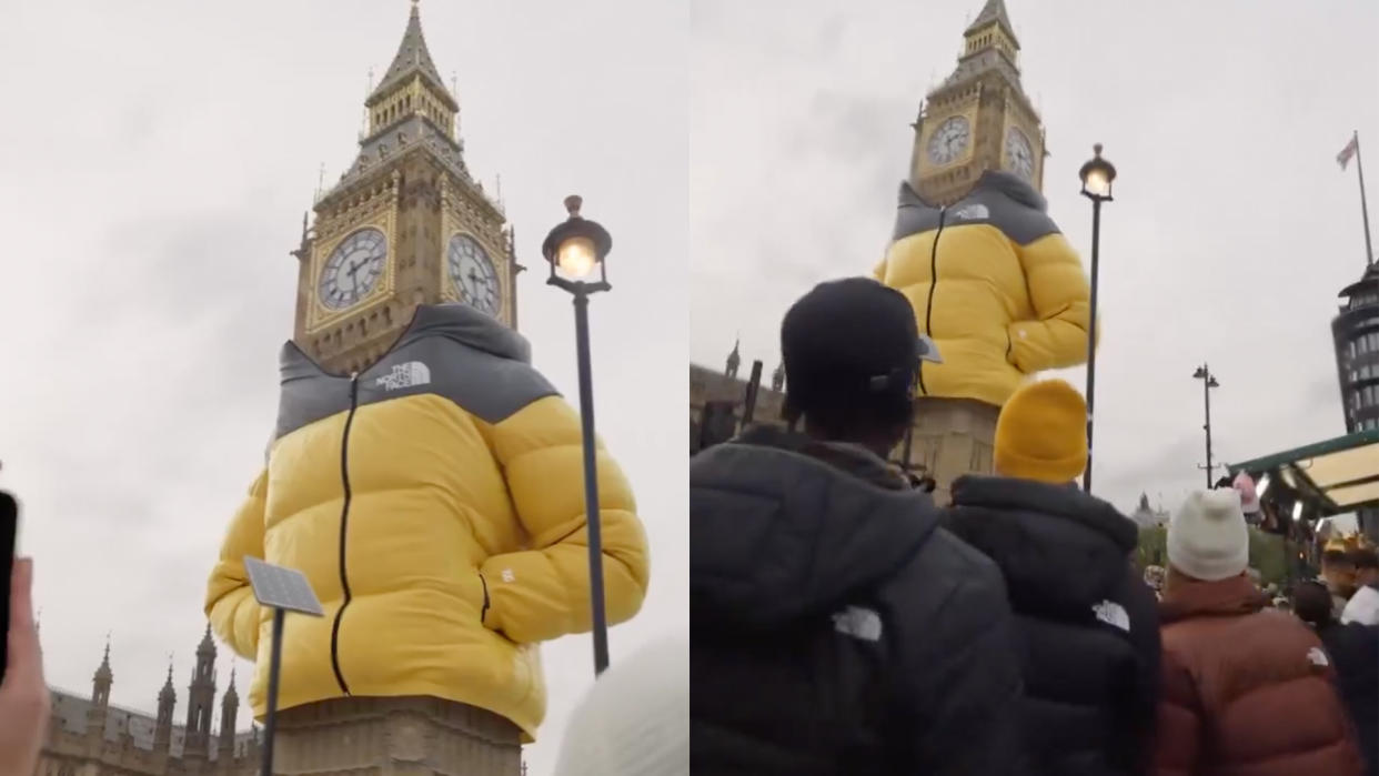  Big Ben wrapped in a yellow North Face puffer jacket. 