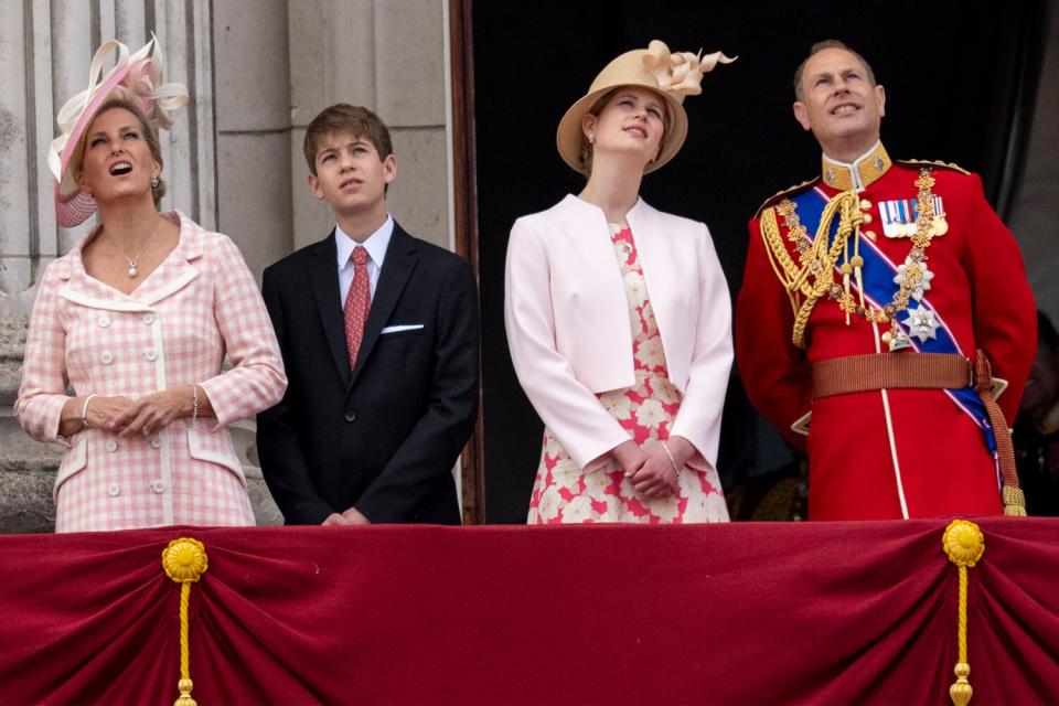 Sophie, Countess of Wessex and Prince Edward, Earl of Wessex with James Viscount Severn and Lady Louise Windsor during Trooping the Colour on June 2, 2022 in London, England. Trooping The Colour, also known as The Queen's Birthday Parade, is a military ceremony performed by regiments of the British Army that has taken place since the mid-17th century. It marks the official birthday of the British Sovereign. This year, from June 2 to June 5, 2022, there is the added celebration of the Platinum Jubilee of Elizabeth II in the UK and Commonwealth to mark the 70th anniversary of her accession to the throne on 6 February 1952.