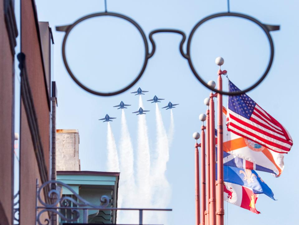 The Blue Angels flyover Palafox Street in downtown as they return to the City of Five Flags and their home base at the Pensacola Naval Air Station on Monday, March 20, 2017.