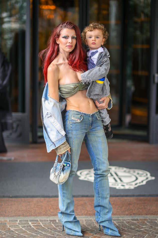 Julia Fox with her son, Valentino, on Feb. 22, 2023, in Milan, Italy.