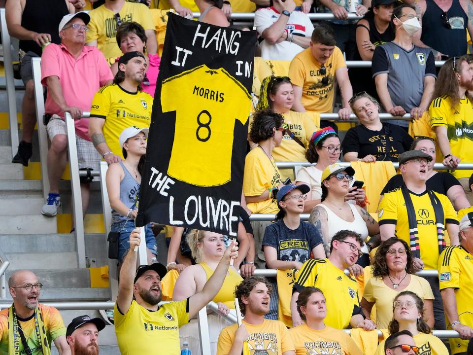 Jun 22, 2024; Columbus, OH, USA; Columbus Crew fans show their support for midfielder Aidan Morris (8) during his last home game against Sporting KC during the first half of their MLS game at Lower.com Field.