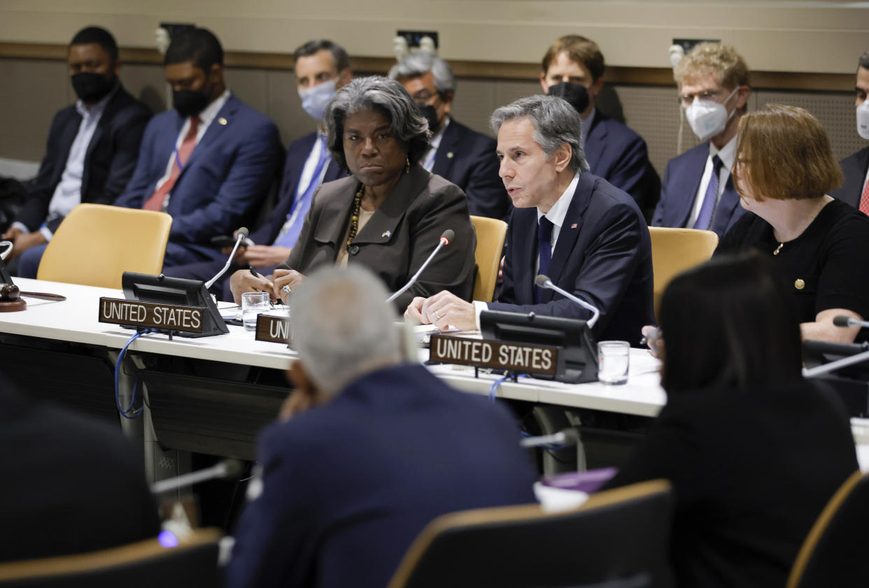 FILE - Secretary of State Antony Blinken sits with Linda Thomas-Greenfield, United States ambassador to the United Nations, as they meet with African ministers at United Nations headquarters, May 18, 2022. Russian, French and American leaders are crisscrossing Africa Wednesday, July 27, 2022, to win support for their positions on the war in Ukraine, an intense competition for influence the continent has not seen since the Cold War. (Eduardo Munoz/Pool Photo via AP, File)