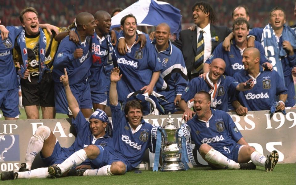 Chelsea players celebrate after winning the FA Cup in 1997 - ALLSPORT/GETTY IMAGES