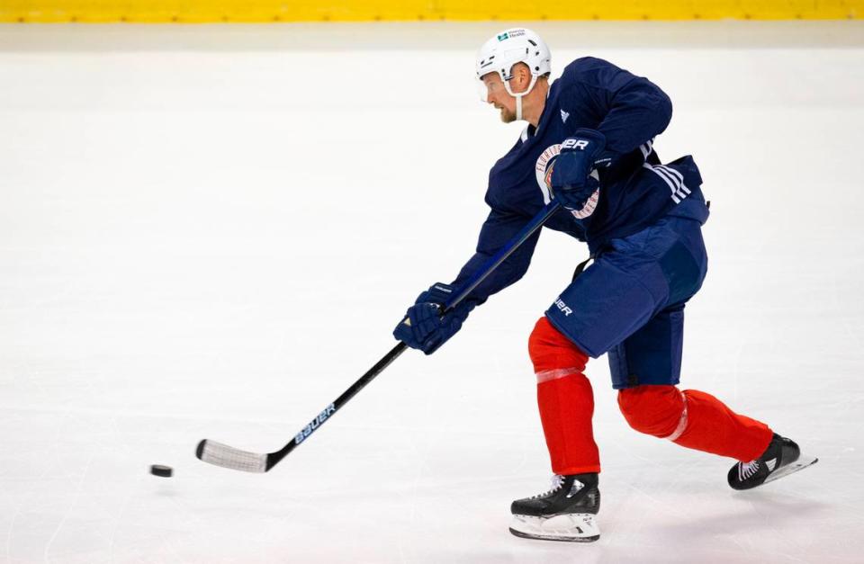 Florida Panthers defenseman Anton Stralman (6) takes a shot during the first practice of training camp in preparation for the 2020-21 NHL season at the BB&T Center on Monday, January 4, 2021 in Sunrise.