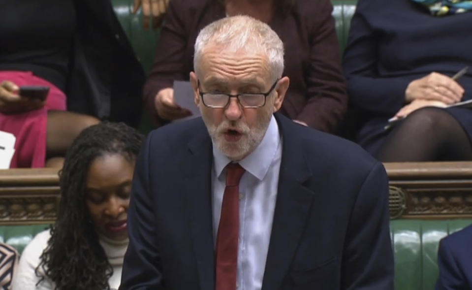 Leader of Britain's opposition Labour Party Jeremy Corbyn asks a question in the House of Commons in London Monday Oct. 21, 2019. Corbyn asked questions Monday after Speaker of the House of Commons John Bercow rejected a government request for a meaningful vote on the government's Brexit deal with Europe. (House of Commons via AP)