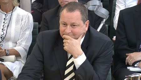 Mike Ashley, founder of sports clothing retailer Sports Direct gives evidence to the business, skills and innovation parliamentary select committee in Westminster, London, Britain, June 7, 2016. Parliament TV/Handout via REUTERS