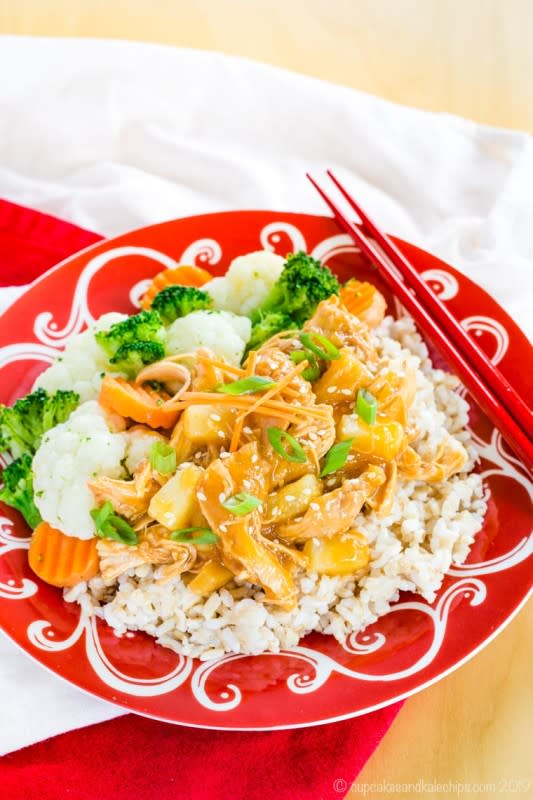 <p>Always a family favorite, and you'll love this version that you can also make in your pressure cooker. Get this <a href="https://cupcakesandkalechips.com/pressure-cooker-pineapple-teriyaki-chicken/" rel="nofollow noopener" target="_blank" data-ylk="slk:Slow Cooker Pineapple Teriyaki Chicken;elm:context_link;itc:0;sec:content-canvas" class="link rapid-noclick-resp">Slow Cooker Pineapple Teriyaki Chicken</a> recipe!</p>