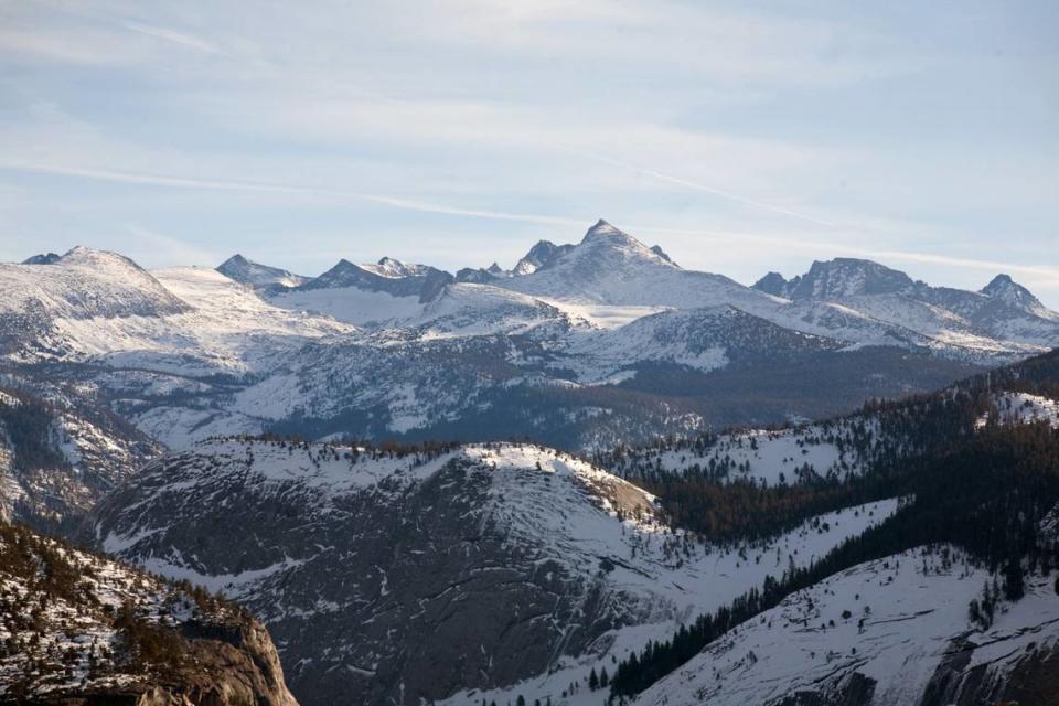 Mount Lyell, the highest peak, top right center, is visible in 2010 from Glacier Point in Yosemite National Park.