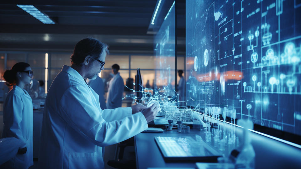 A network of technicians in lab coats testing the performance of a sensor-based solution.