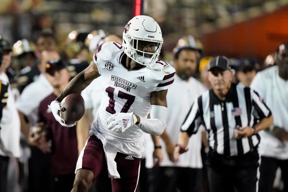 Mississippi State wide receiver Caleb Ducking plays against Vanderbilt in the second half of an NCAA college football game Saturday, Oct. 23, 2021, in Nashville, Tenn. (AP Photo/Mark Humphrey)