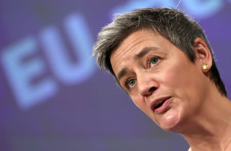 FILE PHOTO: European Competition Commissioner Margrethe Vestager talks to the media at the European Council headquarters in Brussels, Belgium February 6, 2019. REUTERS/Yves Herman