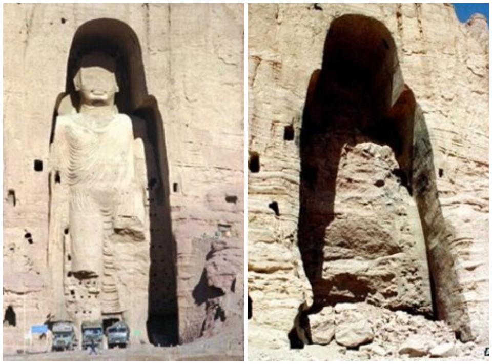 <p>Los Budas de Bamiyan eran una de las principales atracciones de Afganistán. Fueron construidos en el siglo VI en un acantilado y tenían una altura de 35 y 53 metros, respectivamente. Los talibanes los destruyeron con dinamita en 2001 al considerar las estatuas contrarias al Corán. (Foto: AP / AFP). </p>