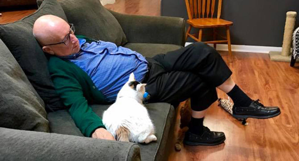 The Wisconsin man is seen asleep here with a shelter cat at the Safe Haven Pet Sanctuary Inc.