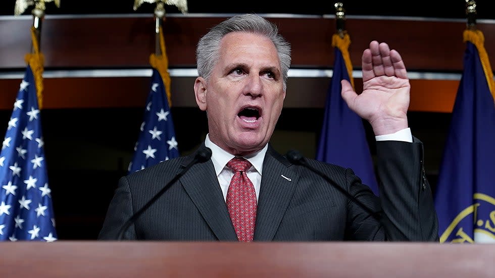 Minority Leader Kevin McCarthy (D-Calif.) answers a question during his weekly press conference on Thursday, November 18, 2021.