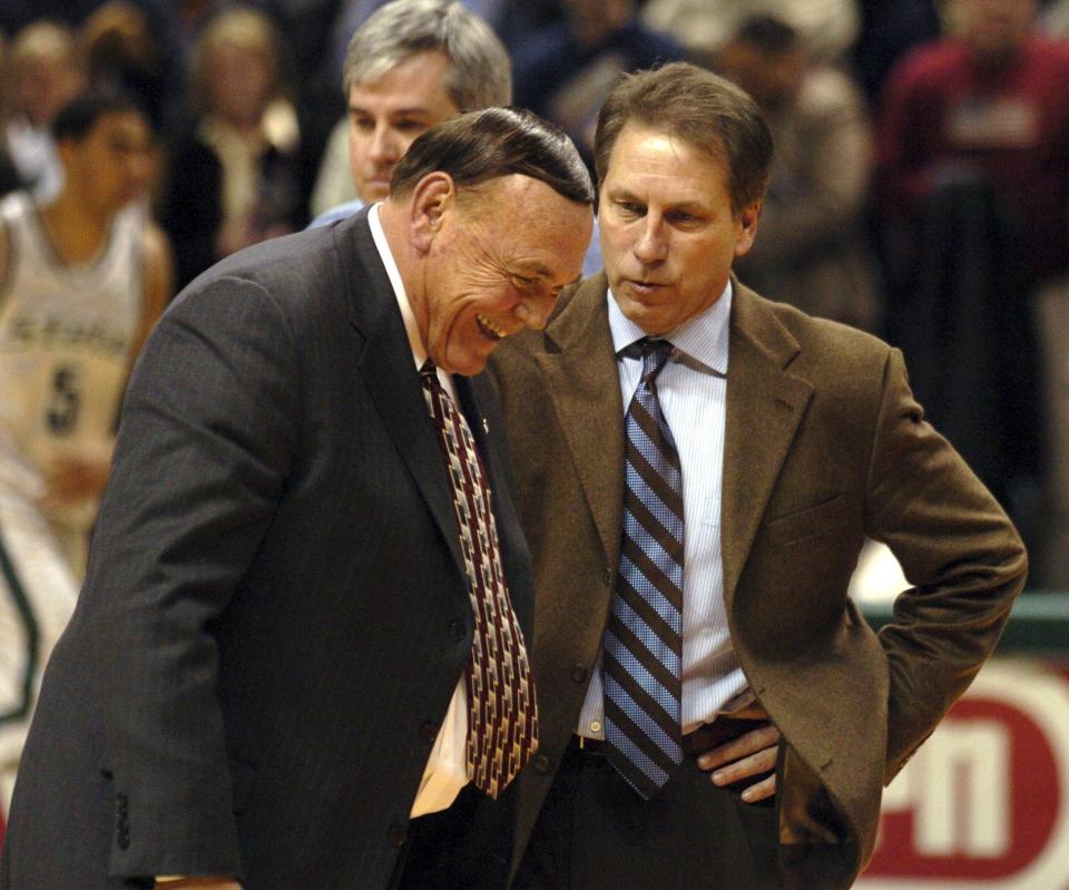 -

-Purdue Coach Gene Keady laughs as he talks to MSU Coach Tom Izzo after the game in Breslin Center. Keady and Purdue were defeated. This was Keady's last game in Breslin as he is set to retire this year.