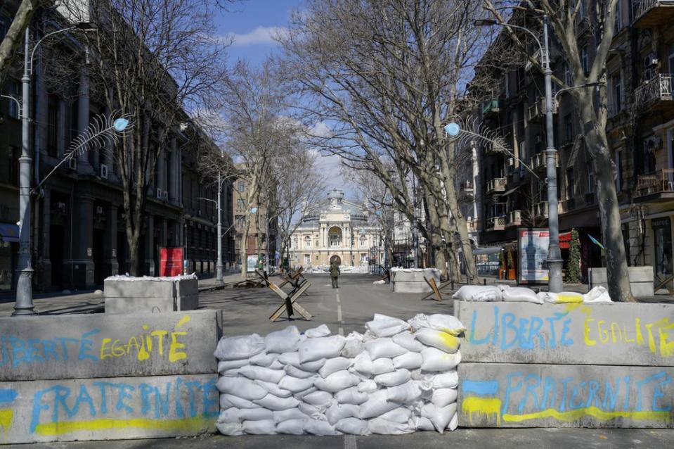 File photo: Concrete blocks form a barricade in front of the National Academic Theater of Opera and Ballet in Odesa, 17 March 2022 (AFP via Getty Images)