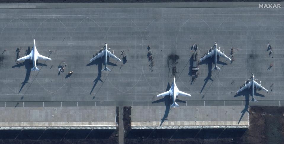 A satellite image shows bomber aircrafts at Engels Air Base in Saratov, Russia on Sudnay (Reuters)