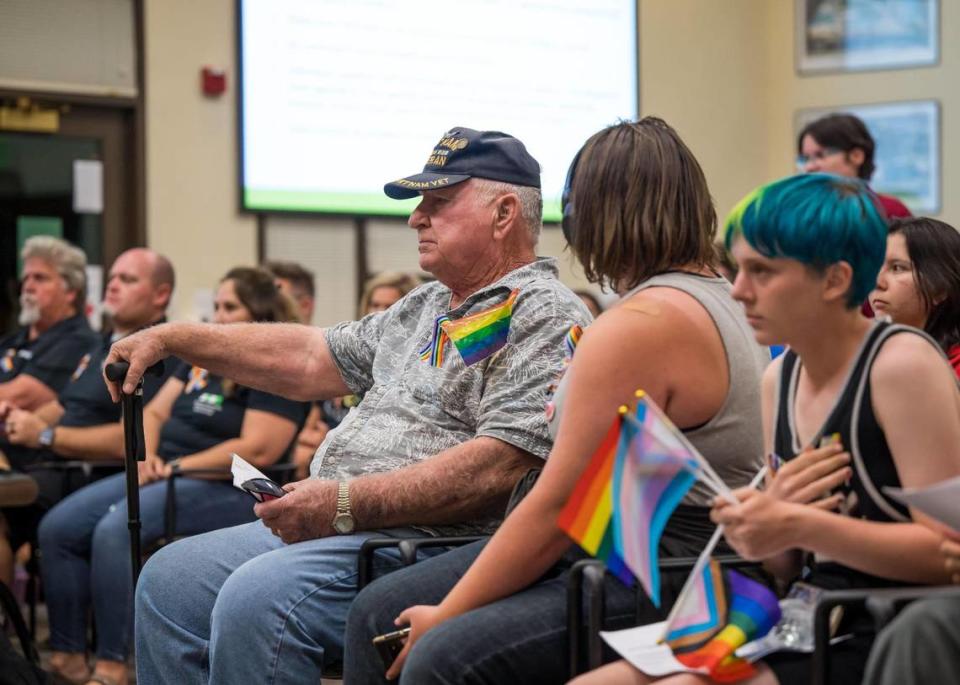 Rex Carpenter, a Rocklin resident with a granddaughter in middle school, kicked off the hours-long public comment period at the Rocklin Unified School District Board meeting Wednesday, Sept. 6, 2023, by saying, “I’m here tonight to ask you to do no harm,” advocating for young people in vulnerable home situations. He spoke in opposition to a policy that would require staff to notify families within days of a student’s choosing to be identified as any name, nickname, or gender that does not match enrollment records or is not a “common” nickname recognized by the school.