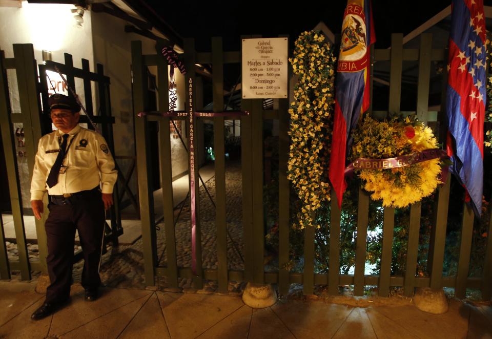 A wreath hangs in front of the house of Colombian Nobel Prize laureate Garcia Marquez in Aracataca