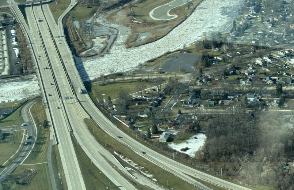 An ice jam is shown around the Interstate 94 overpass of the Black River on Jan. 27, 2024.