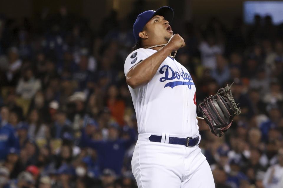 Los Angeles Dodgers relief pitcher Brusdar Graterol after a ground out by San Francisco Giants' Evan Longoria