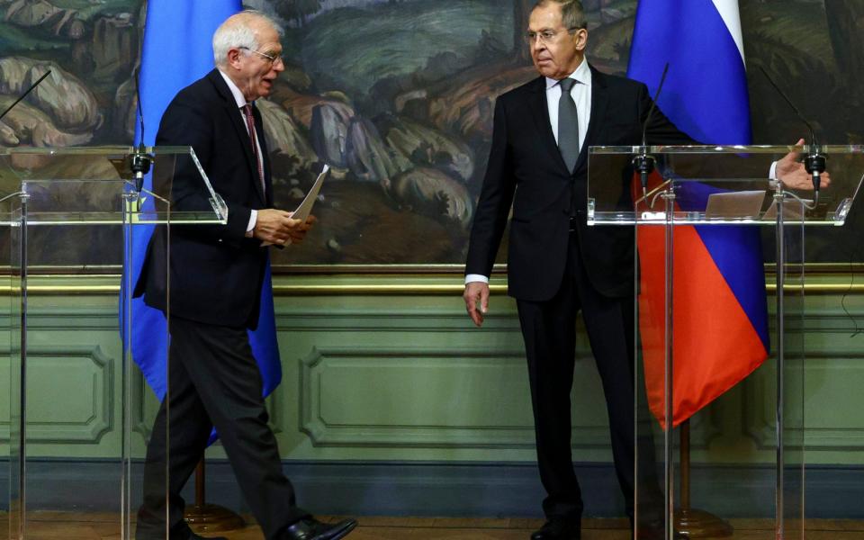 Russian Foreign Minister Sergey Lavrov, right, and High Representative of the EU for Foreign Affairs and Security Policy, Josep Borrell leave a joint news conference following their talks in Moscow, Russia - Russian Foreign Ministry Press Service 