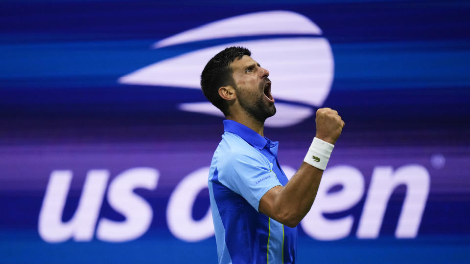 Novak Djokovic, of Serbia, reacts during a match against Laslo Djere, of Serbia, during the third round of the U.S. Open tennis championships, Saturday, Sept. 2, 2023, in New York. (AP Photo/Frank Franklin II)