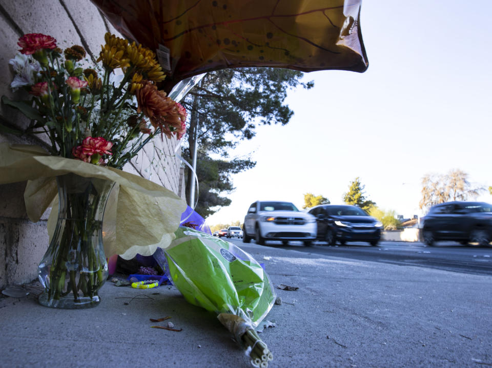 A makeshift memorial to honor Tina Tintor, 23, is seen at South Rainbow Boulevard and Spring Valley Parkway, on Thursday, Nov. 4, 2021, in Las Vegas. Tintor and her dog were killed when former Raiders wide receiver Henry Ruggs, accused of DUI, slammed into the rear of Tintor's vehicle. (Bizuayehu Tesfaye/Las Vegas Review-Journal)