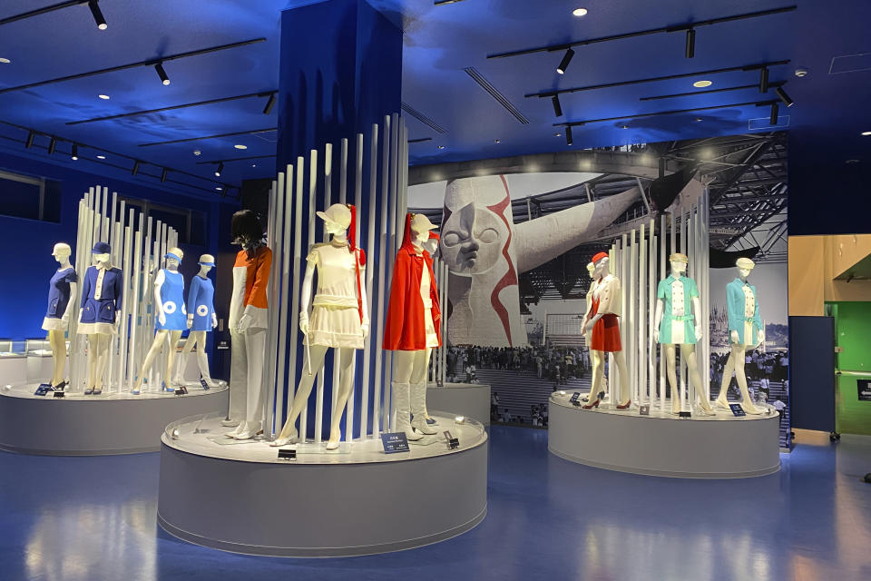 A variety of uniforms, worn by “hostesses” at the World Expo held in Osaka in 1970, are displayed at the Expo ‘70 Pavilion in Osaka, Japan on April 19, 2024. (Katherine Roth via AP)