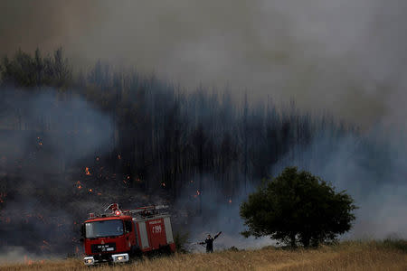 A firefighter reacts during a wildfire near the village of Metochi, north of Athens, Greece, August 14, 2017. REUTERS/Alkis Konstantinidis