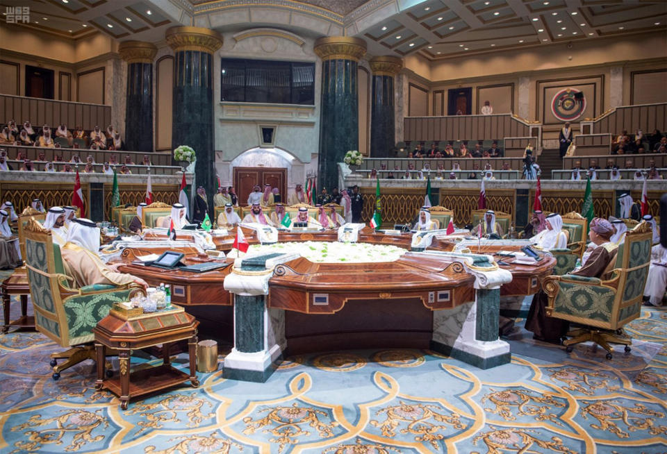 In this photo released by the state-run Saudi Press Agency, leaders from the six nations of the Gulf Cooperation Council meet in Riyadh, Saudi Arabia, Sunday, Dec. 9, 2018. Leaders of Gulf Arab countries, including those boycotting Qatar, met on Sunday in Saudi Arabia's capital for a regional summit, a gathering that Qatar's ruling emir choose not to attend amid the dispute. (Saudi Press Agency via AP)