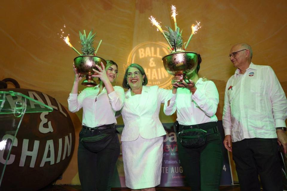 Mayor Daniella Levine Cava celebrates with her husband Dr. Robert Cava on stage during the Levine Cava watch party on Election Night at Ball & Chain in Little Havana, Miami, Florida on Tuesday, August 20, 2024.