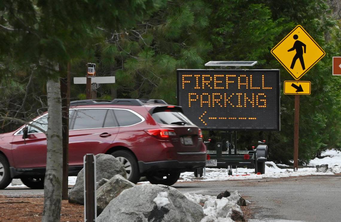 A visitor pulls into parking specifically designated for Firefall viewing in Yosemite Valley Friday, Feb 9, 2024 in Yosemite National Park. Restrictions are in place for viewing of the annual Firefall event this month with many pullouts along Northside and Southside drives closed to public access. ERIC PAUL ZAMORA/ezamora@fresnobee.com