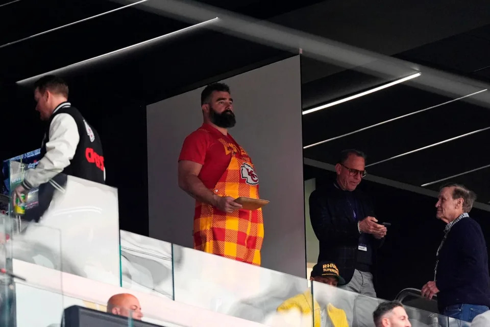 PHOTO: Jason Kelce watches teams warm up before the NFL Super Bowl 58 football game between the San Francisco 49ers and the Kansas City Chiefs, Feb. 11, 2024, in Las Vegas. (George Walker Iv/AP)