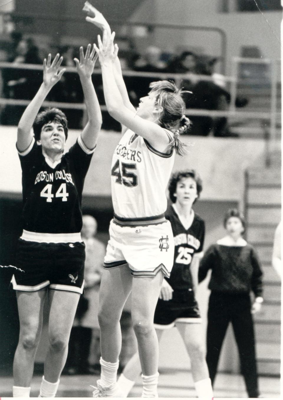 Janet Hourihan in action at Holy Cross against Boston College during the 1980s.