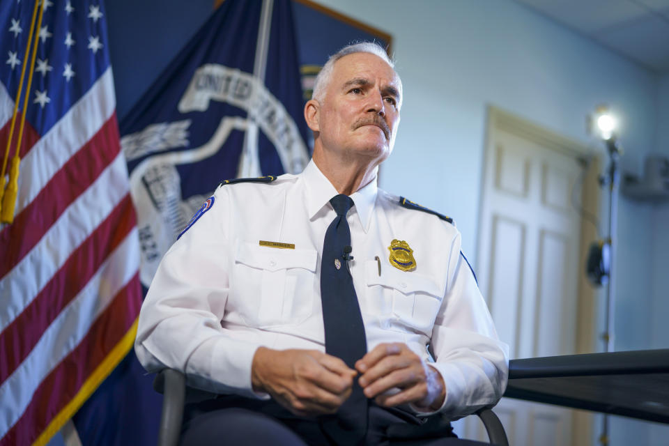 In this Monday, Sept. 27, 2021, photo U.S. Capitol Police Chief Tom Manger, who came to the job six months after the Jan. 6 insurrection and attack on the Capitol, answers questions during an interview with The Associated Press, at his office on Capitol Hill in Washington. (AP Photo/J. Scott Applewhite)