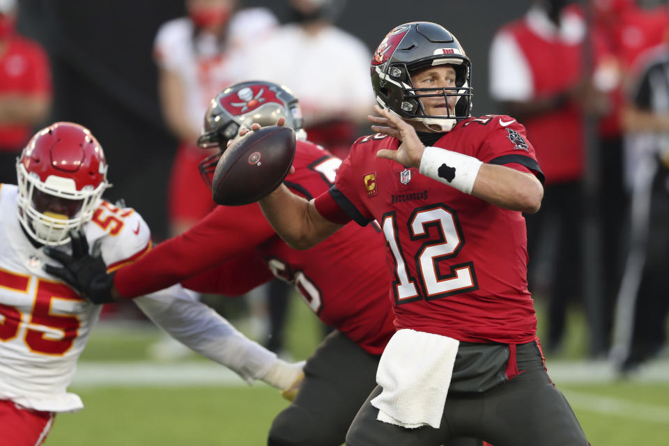 Tampa Bay Buccaneers quarterback Tom Brady (12) throws a pass against the Kansas City Chiefs during the first half of an NFL football game Sunday, Nov. 29, 2020, in Tampa, Fla. (AP Photo/Mark LoMoglio)