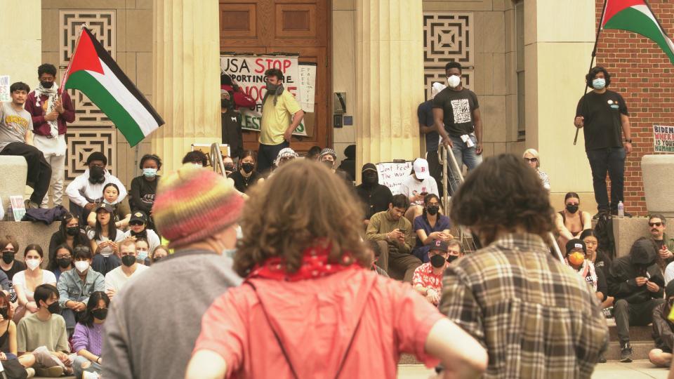 A group of students occupy Wallis Hall at the University of Rochester.