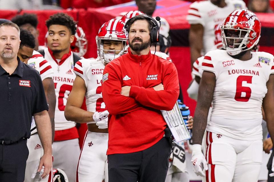 Dec 18, 2021; New Orleans, LA, USA;  Louisiana-Lafayette Ragin Cajuns head coach Michael Desormeaux looks on against Marshall Thundering Herd during the first half of the 2021 New Orleans Bowl at Caesars Superdome. Mandatory Credit: Stephen Lew-USA TODAY Sports