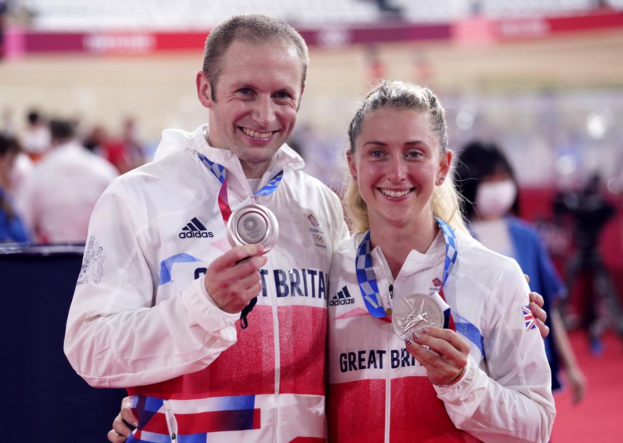 Great Britain’s Laura Kenny and Jason Kenny with their silver medals at the Izu Velodrome (Danny Lawson/PA) (PA Wire)