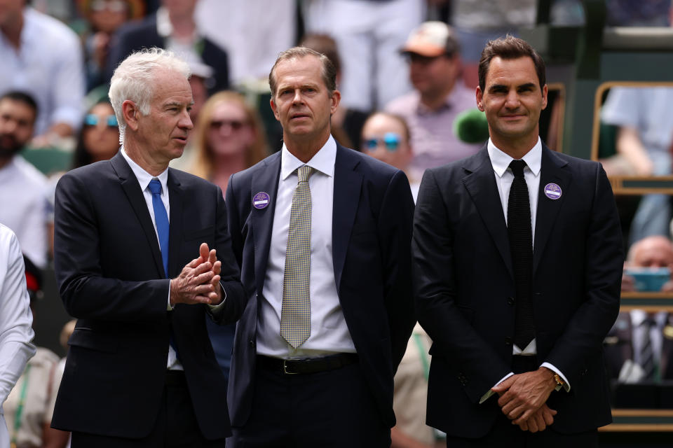 John McEnroe, Stefan Edberg and Roger Federer, pictured here during the Centre Court ceremony at Wimbledon.