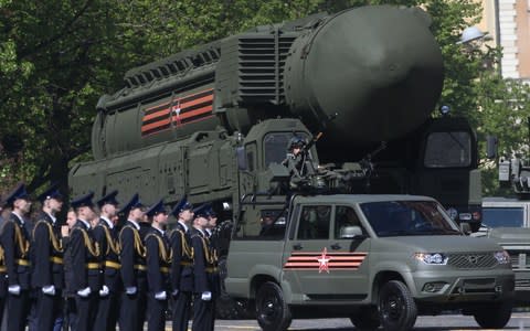 Russian Iskander missile on the carrier rolls during the Victory Day Red Square Military Parade in Moscow - Credit:  Mikhail Svetlov/Getty 