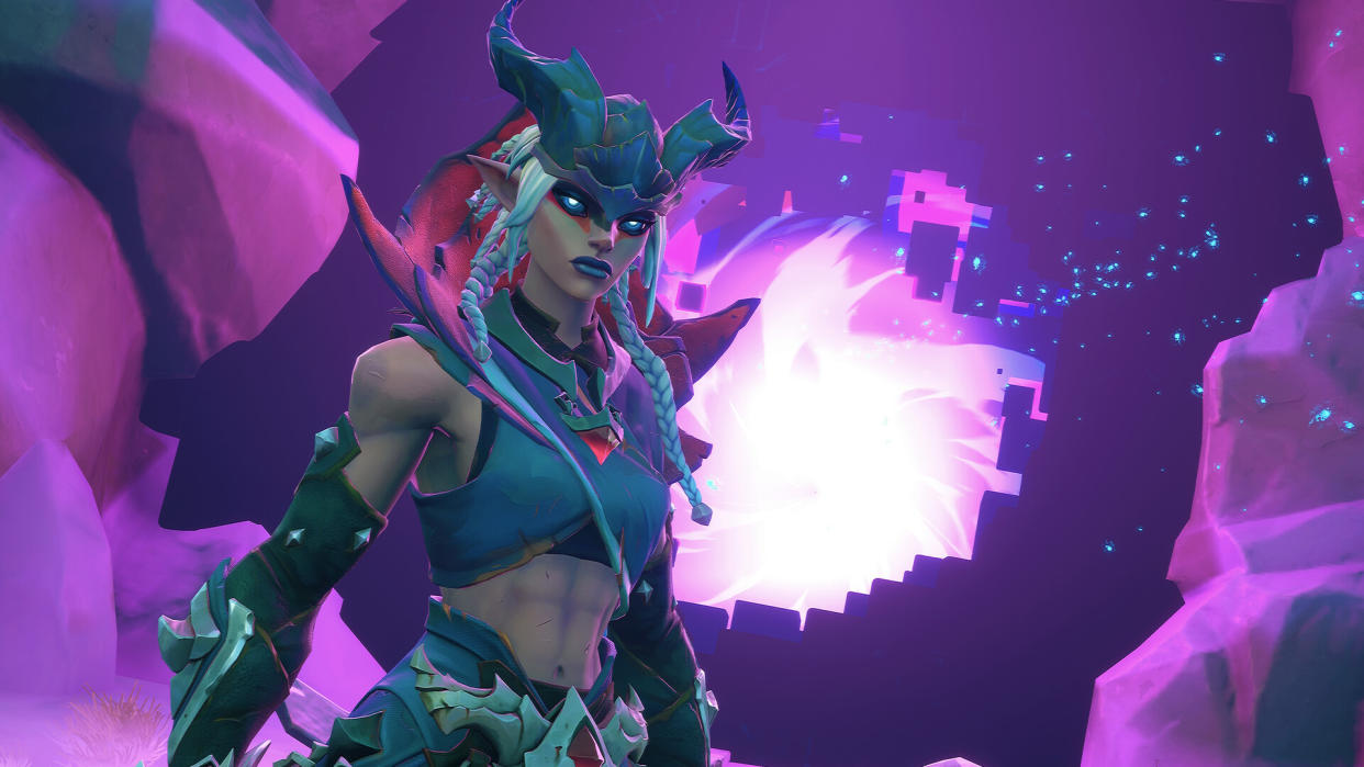  Wayfinder screenshot - grey-skinned woman with horns and glowing eyes standing in front of a bright purple background. 